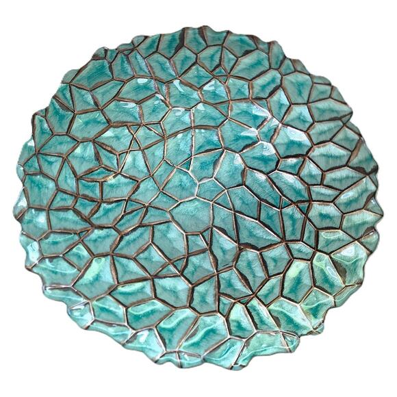 GLASS DECORATIVE DISH-Green Turquoise-Mosaic Pattern-Silver Back-12.5" Diameter - Picture 8 of 10